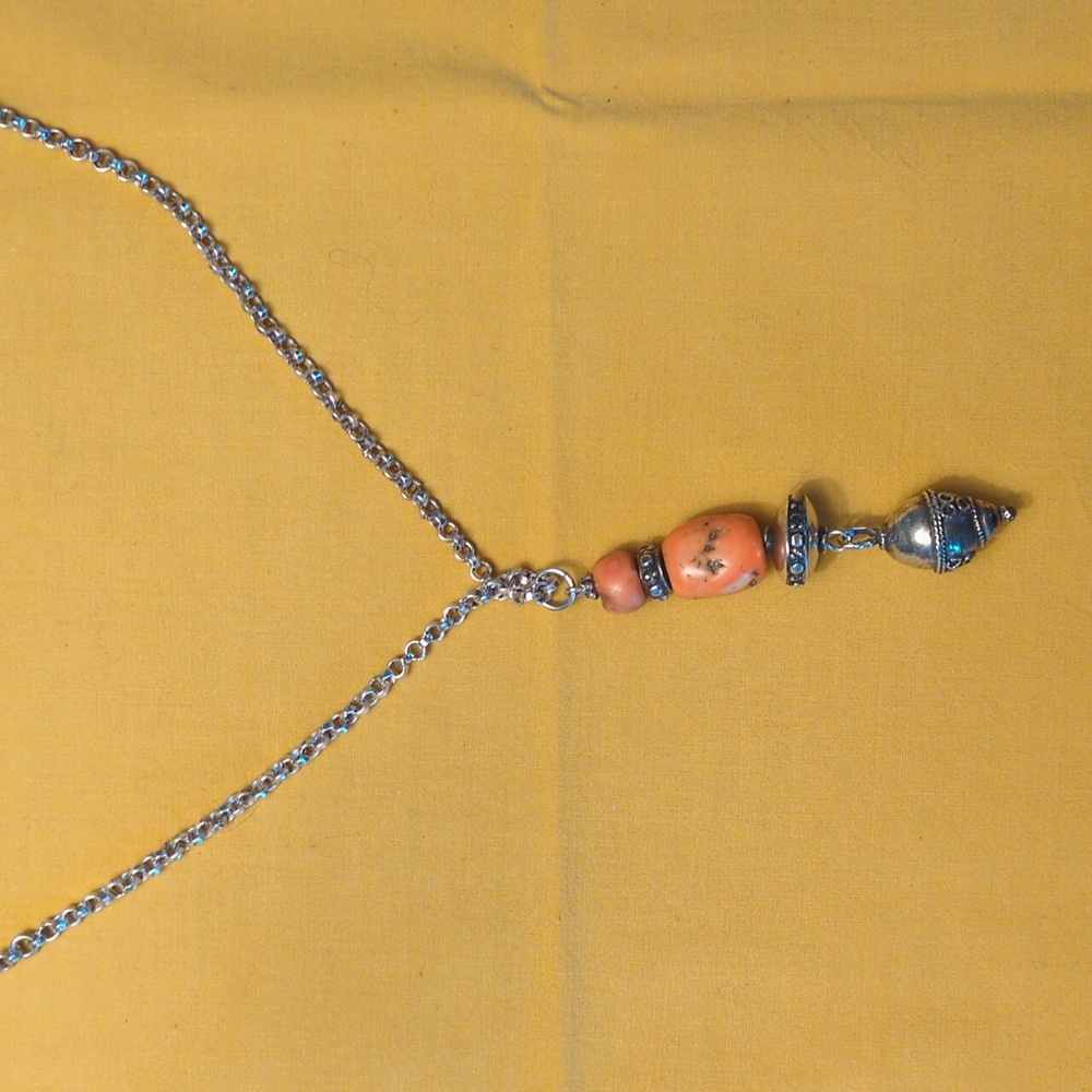 Silver and coral long necklace